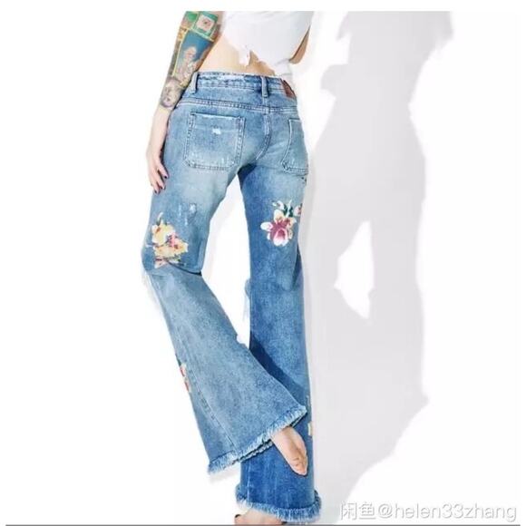 One Teaspoon Orchid Flare Leg Distressed Floral Patch Pocket Jeans 25 - Picture 3 of 16